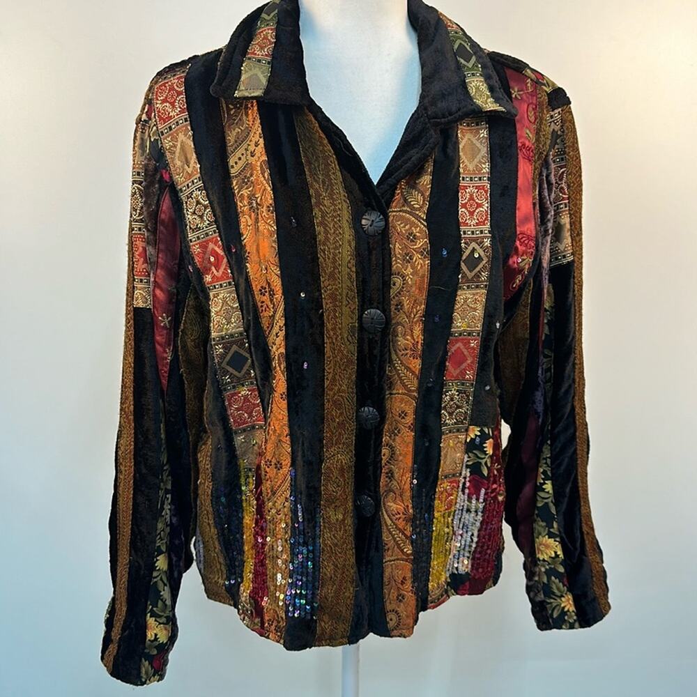 Coldwater Creek Velvet  Boho Floral Striped Patchwork Sequin Kacket Large P